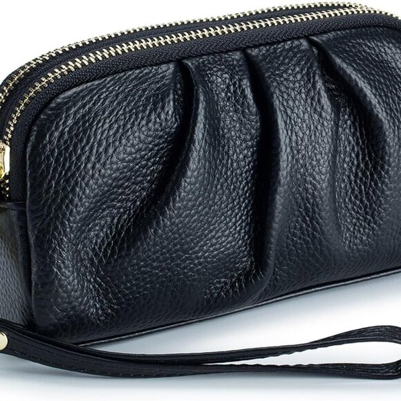 Leather Wristlet Wallets for Women Compact RFID Card Slots Zipper Closure - Picture 1 of 8